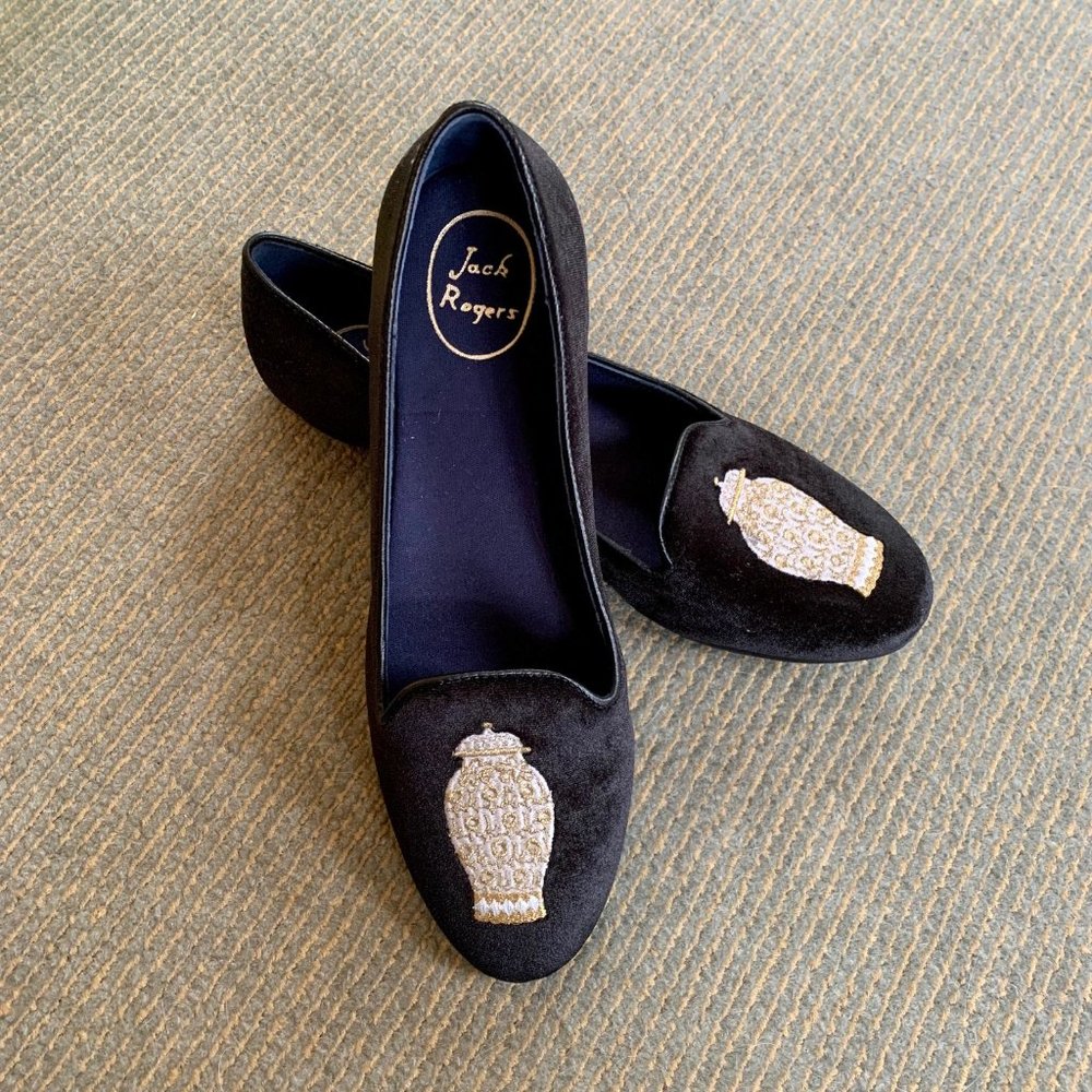 Jack Rogers black velvet ginger jar embroidered loafers; new in box!